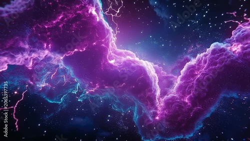 Cosmic storm with glowing purple nebula, electric discharges, and countless distant stars in deep space.
