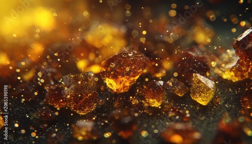 Abstract Amber Crystals Sparkling with Golden Light Particles.