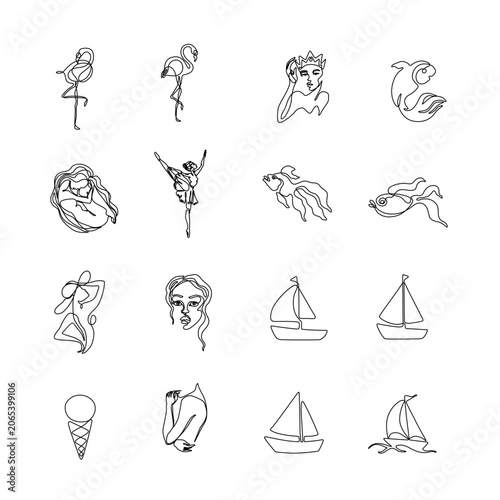Minimalist one line art collection flamingos, women, ballerina, sailboats, ice cream and abstract faces. Elegant continuous line illustrations.