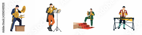Fotografie Flat illustration set of percussionists in ceremonial uniforms playing cymbals and a vibraphone on a white background