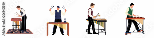 Obraz na plátně Set of illustrations depicting male musicians in formal attire playing xylophones and vibraphones using mallets, presented in a minimalist flat design style