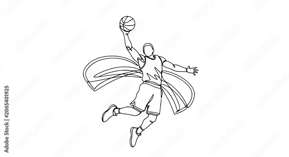 Fototapeta premium Basketball Player Dunking with Flowing Cape - Continuous Line Art