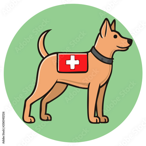Cartoon illustration of a rescue dog with a Swiss flag patch