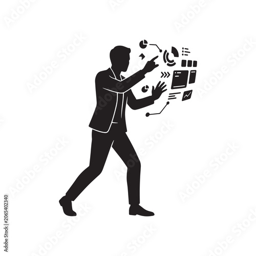 Silhouette of a man interacting with a futuristic holographic interface displaying data and charts