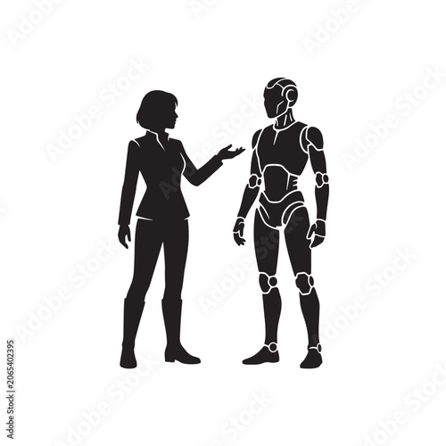 Silhouette of a woman and a robot interacting, representing future technology and human collaboration.