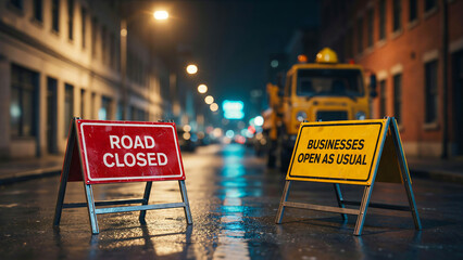 Road closed and business open signs illustrating disruption and accessibility concept
