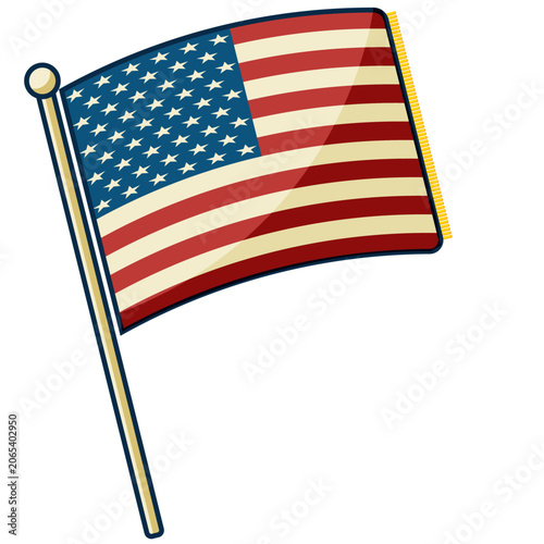 US Stars and Stripes flag in a retro cartoon style with an off white color, isolated on a transparent background