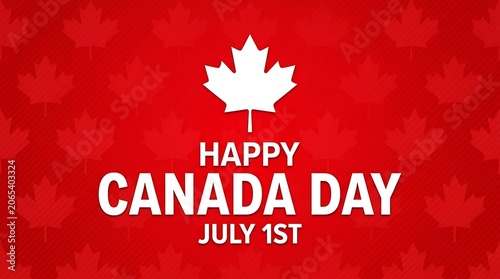 Patriotic celebration banner displaying bold white holiday text and a symbolic maple leaf over patterned red pinstripes.
