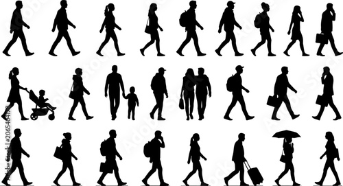 Tableau sur toile Silhouettes of people walking in a procession from left to right