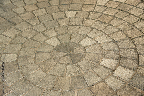 Circular pattern of stone pavement block on a walkway floor.