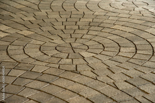 Circular pattern of stone pavement block on a walkway floor.