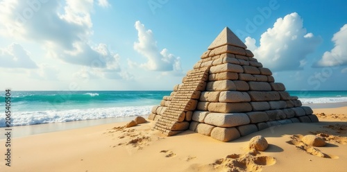 Ancient stone pyramid on golden sand beach, ocean waves nearby, historical, summer