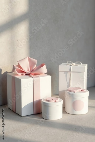 Elegant white gift boxes with tissue & round labels on concrete Minimalist mockup , illustration, scene