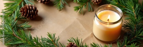 Green foliage & pine cone surround a scented candle in a glass jar on kraft paper , jar, aromatherapy, nature