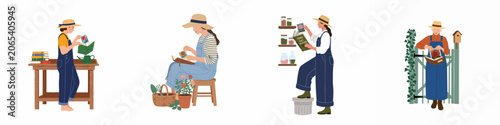 Foto Set of illustrations featuring women of different generations enjoying gardening, reading about flowers, and tending to plants in a rustic setting