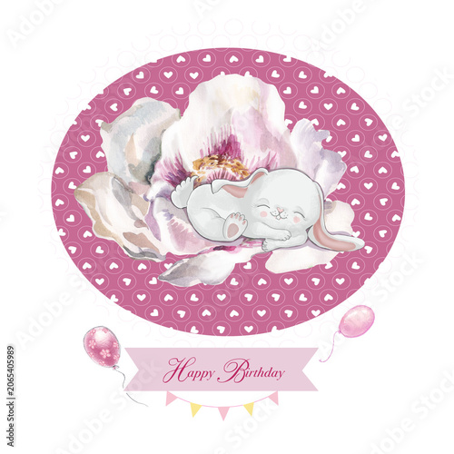 baby girl arrival card with sleepping  bunny, watercolor bunny