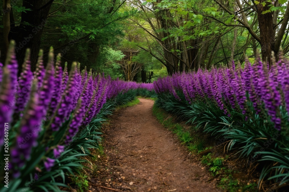 Naklejka premium Dirt path winds through forest lined with blooming purple flowers. Tall trees create canopy overhead, rich green plants surrounds walkway. Nature scene offers peaceful woodland stroll.
