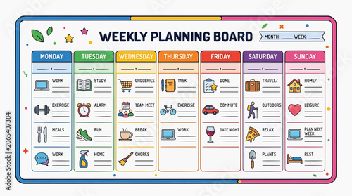 Weekly Planner Board: A colorful and organized weekly planning board featuring icons and designated spaces for each day to list tasks, appointments.