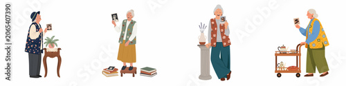 Fotografie A collection of four illustrations depicting happy elderly women reminiscing about their youth while holding old photographs of themselves, celebrating life and memories