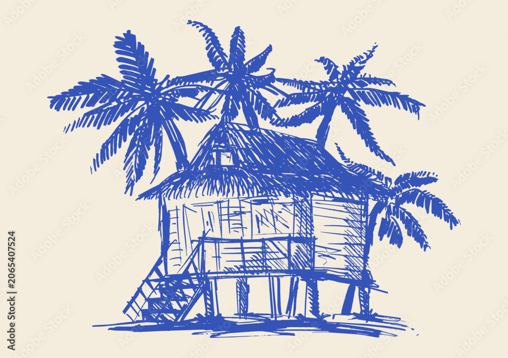 Obraz premium Hand drawn vector Hawaii illustration of tropical beach hut sketch with palm tree in rough line style. Chalk blue exotic island resort shack for travel graphics and summer vacation posters artwork.