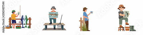 Fotografie Vector illustration set of young fishermen proudly displaying their catches and photos, showcasing outdoor hobby activities and fishing achievements on a white background