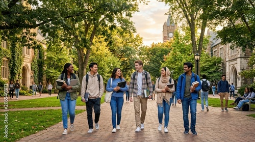 Diverse group of college students walking together on campus during sunset