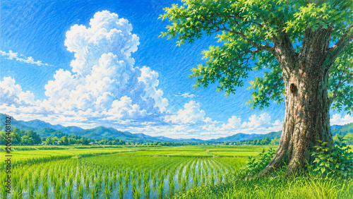 Large Green Tree and Rice Fields in Bright Japanese Summer Countryside Illustration
