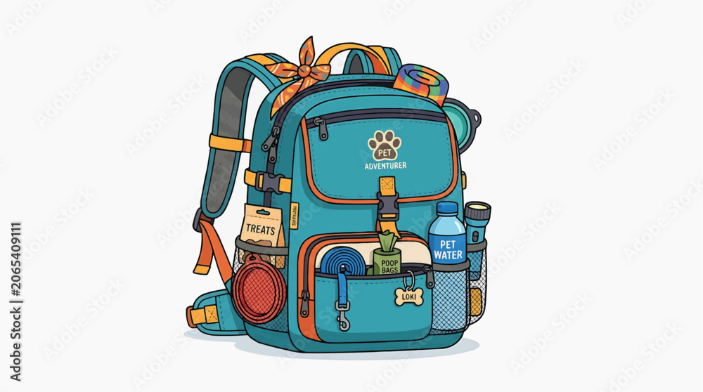 Fototapeta premium Pet Adventure Backpack: A fully-equipped, vibrant turquoise backpack, ready for any outdoor excursion with your furry companion. Packed with essentials for a day of fun and exploration.