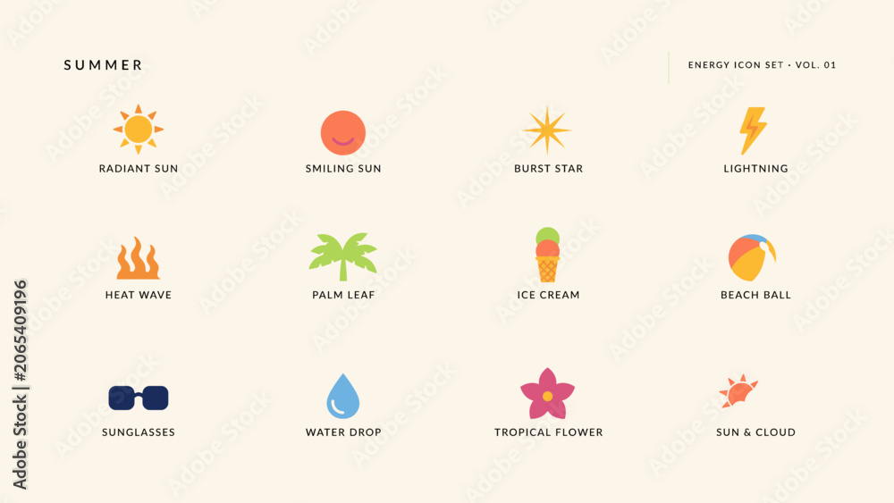 Fototapeta premium Summer energy flat icon set with labels – Great for active lifestyle brands, fitness marketing, or seasonal event promotions.