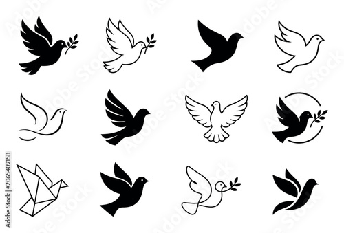 Flying dove peace bird icons representing hope and freedom, featuring minimalist black and white vector silhouettes and line art designs for logos and symbols