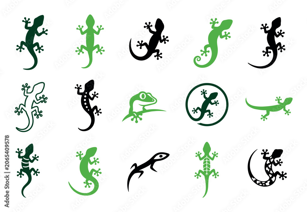 Fototapeta premium Lizard and gecko vector silhouette icon set featuring various reptile designs in green and black colors for creative graphic design projects