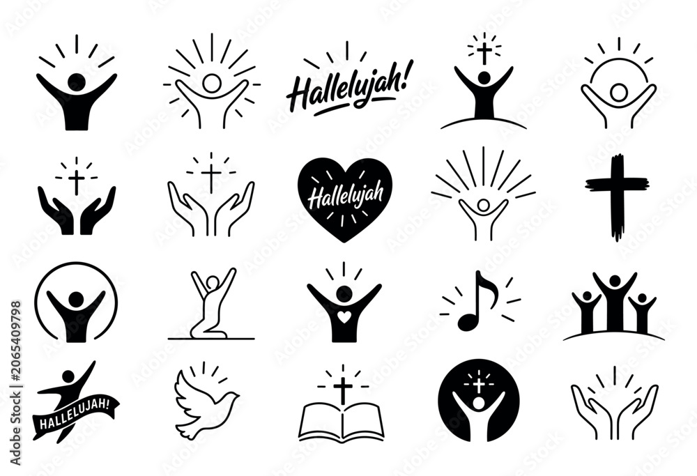 Fototapeta premium Christian worship and praise vector icon set featuring symbols of faith, crosses, hands in prayer, holy bible, dove of peace, and hallelujah text for religious design
