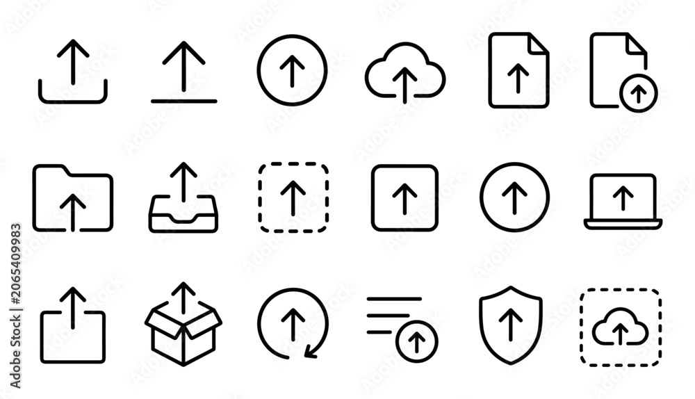 Fototapeta premium Upload icons set in thin line style representing cloud storage, file transfer, data sharing, and digital backup processes