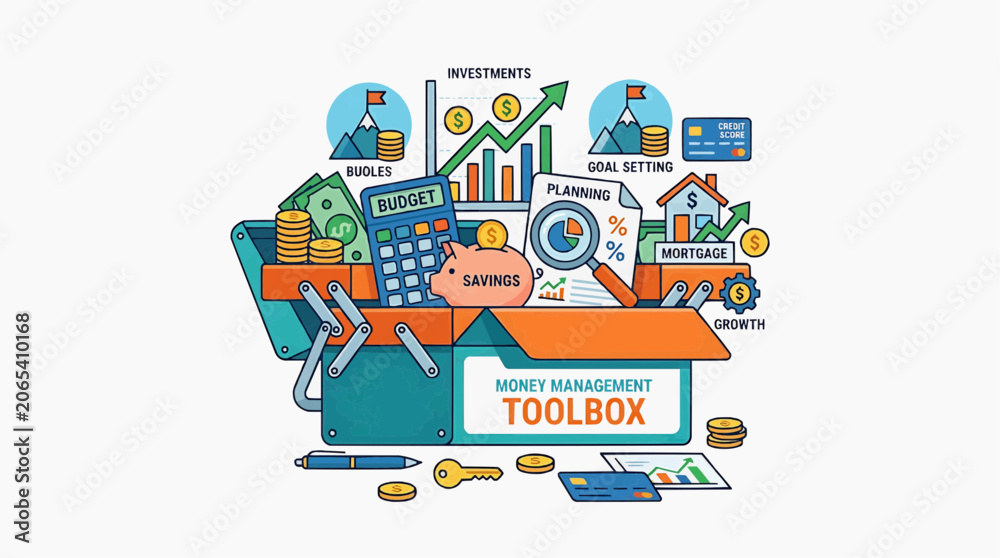 Fototapeta premium Financial Management Toolbox: An illustration depicts a toolbox overflowing with financial tools and symbols representing budgeting, savings, investment, planning, mortgage, and goal setting.