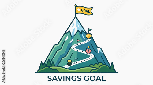 Saving Goal Mountain Ascent: Illustration depicts a winding path leading up a vibrant green mountain towards a summit marked with a golden flag labeled GOAL.