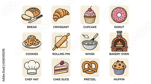 Baking icons set with bread pastries
