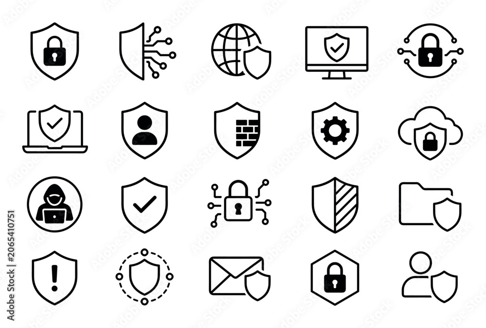 Fototapeta premium Cybersecurity and data protection line icon set featuring shields, padlocks, firewalls, and cloud security symbols for digital safety and network defense concepts