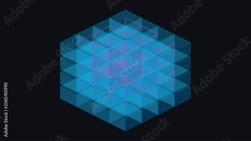 Glowing blue AES cipher scrambling isometric data cube grid with neon laser path on dark background
