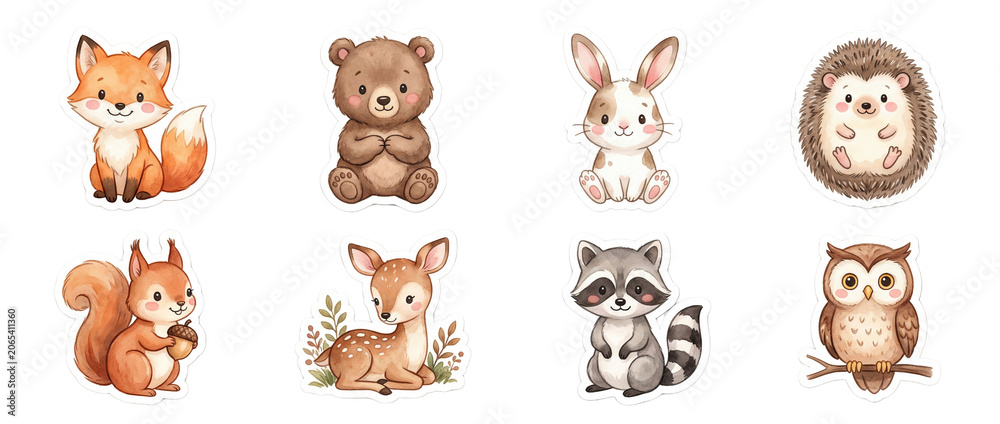 Fototapeta premium Animals in cute cartoon style isolated on clear background featuring various forest creatures in playful poses