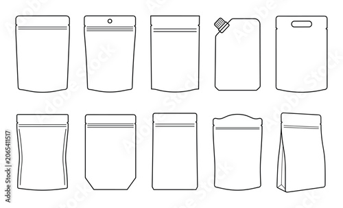 Stand up pouch and doypack packaging vector templates set. Flexible zip lock bag line icons.