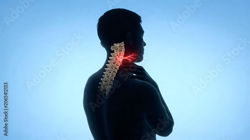 Neck pain and cervical spine inflammation, woman silhouette with highlighted vertebrae, back pain medical concept, posture problem, injury awareness, healthcare graphic
