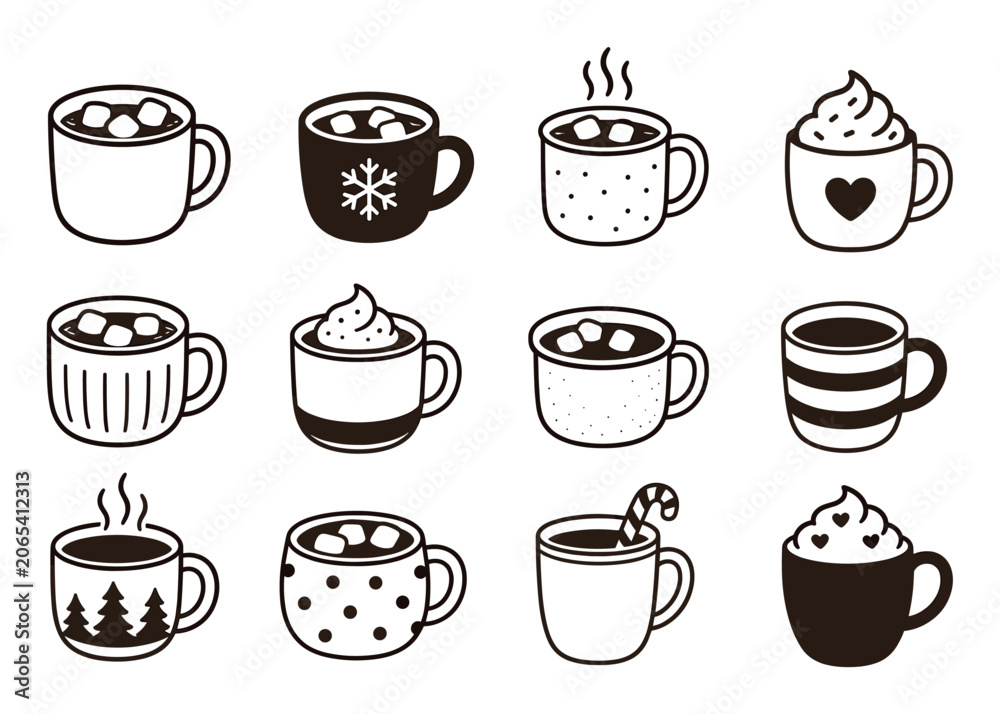Fototapeta premium Hot chocolate mugs with marshmallows and whipped cream in a vector illustration set of cozy winter drinks, coffee cups, and sweet cocoa doodles