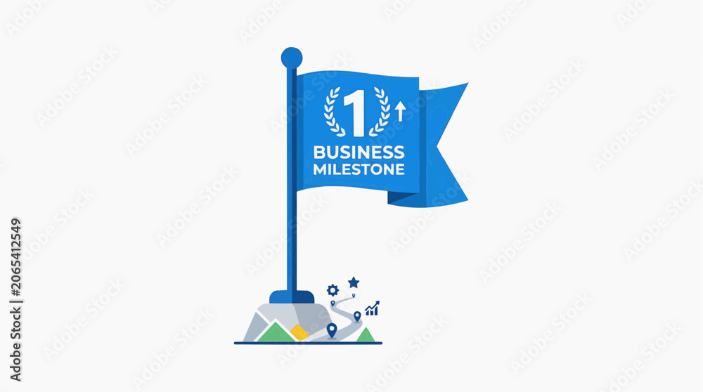 Obraz premium Business Milestone Flag: A blue flag atop a pedestal marks a significant business milestone, symbolizing progress and achievement in a conceptual graphic.