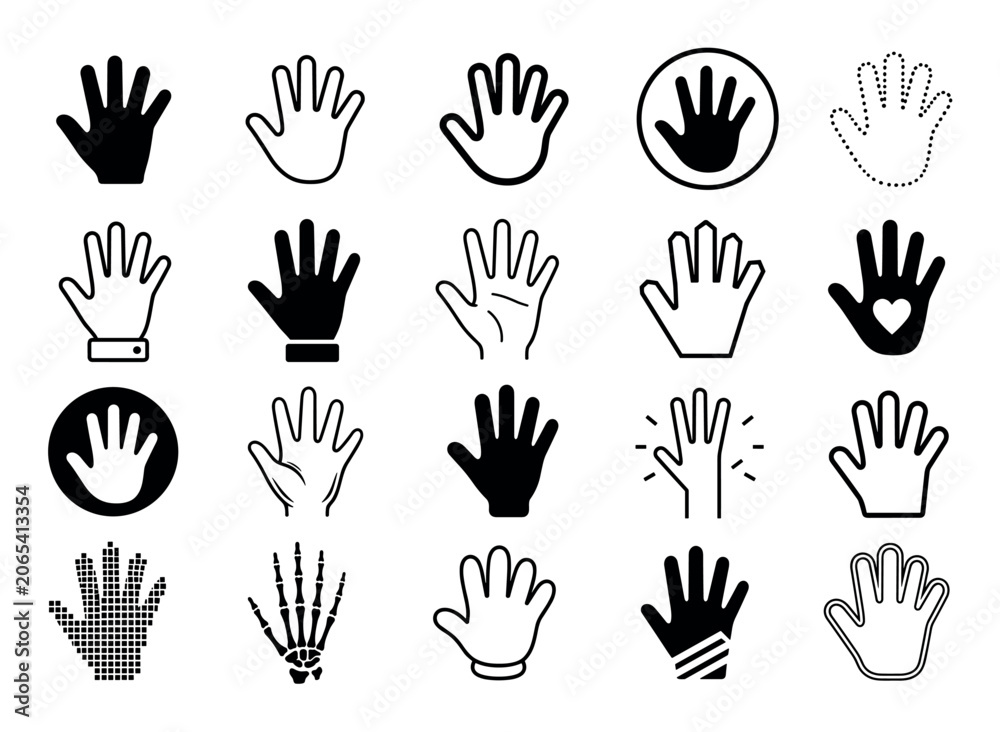 Fototapeta premium Hand icons in various styles including solid silhouettes, outlines, dotted lines, skeleton bones, pixel art, and heart shapes for graphic design elements