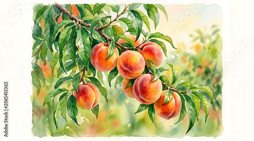 Fresh ripe peaches hanging on a tree branch illustration