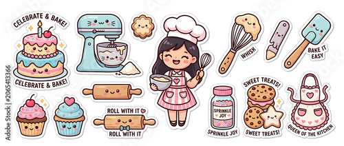 Cute baking stickers on clear background featuring cakes, cupcakes, and a baker with a mixer
