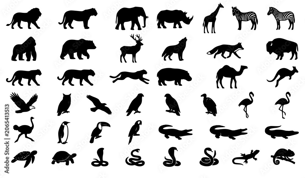 Obraz premium Wild Animal Silhouette Icons Collection with Mammals Birds and Reptiles Vector Set