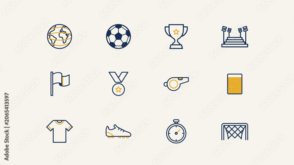Fototapeta premium International football tournament icon sheet – Suitable for global soccer events, broadcast graphics, or federation branding.