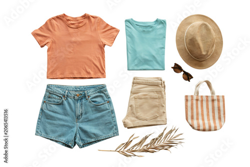 Flat lay of casual summer clothing and accessories for a warm weather getaway, including shorts, t-shirts, hat, sunglasses, and tote bag