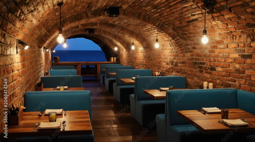 Fototapeta premium Restaurant interior with brick arched ceiling and blue booth seating. Tables set for dining with view of the ocean and sky. Cozy ambiance with warm lighting.